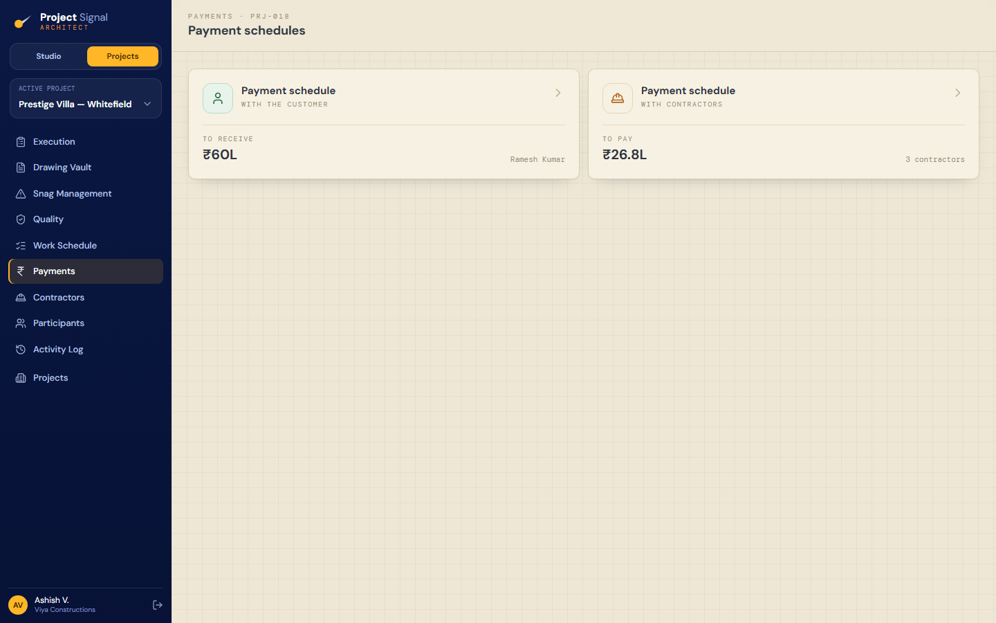 Architect Studio — Payments: milestone-linked invoices and receipts