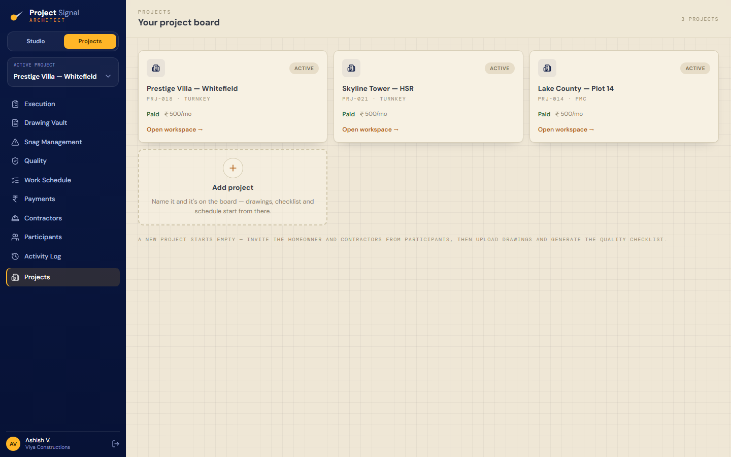 Architect Studio — Projects: every client site in one portfolio view