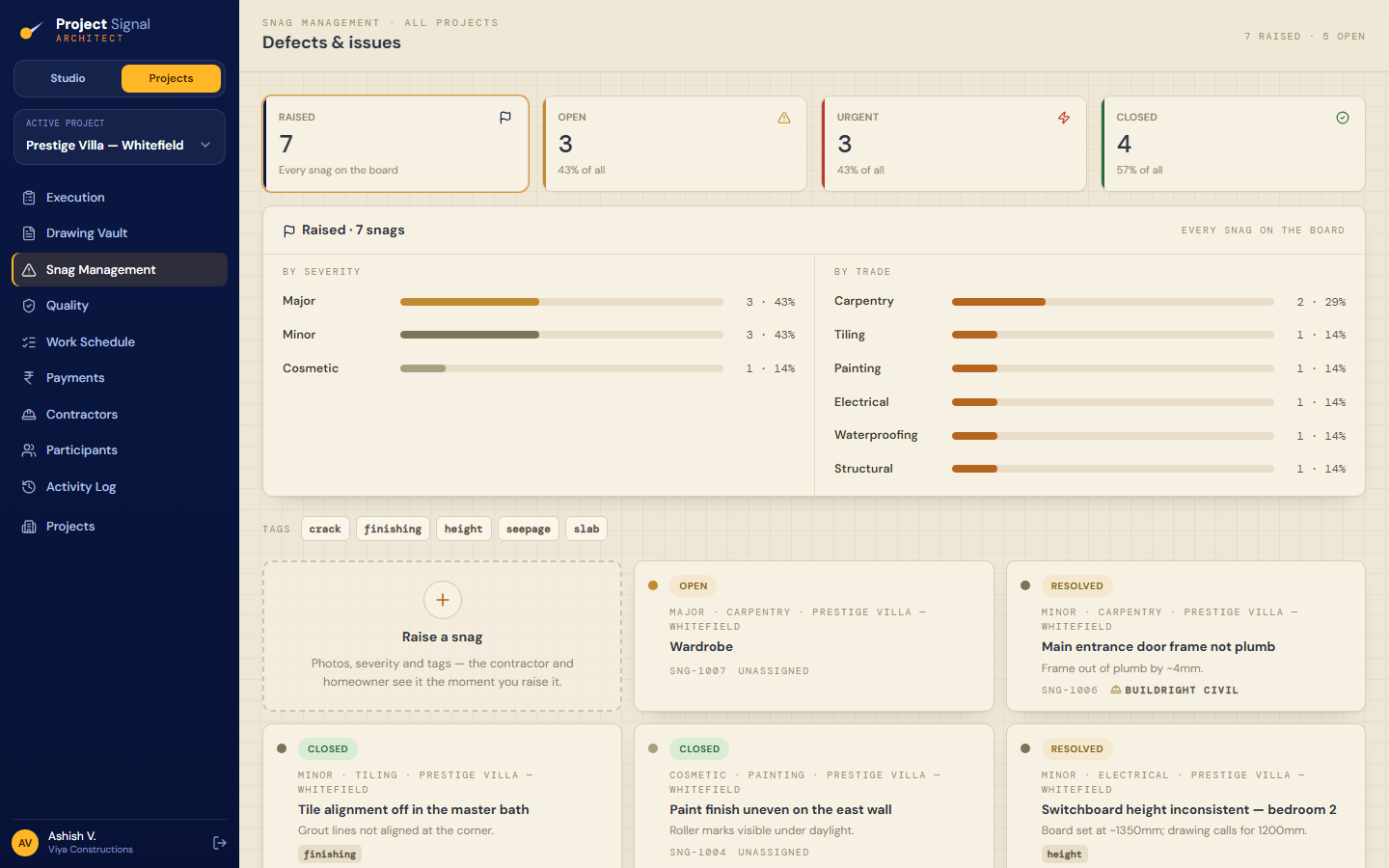 Architect Studio — Snag List: defects tracked to verified closure